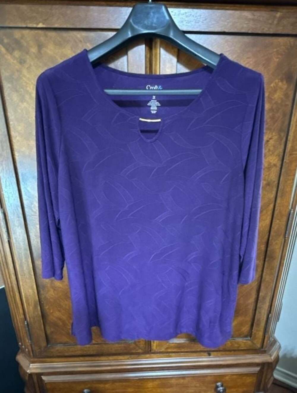 Croft & Barrow Women's Plus 2X Purple Abstract Textured 3/4 Sleeve Keyhole Top
